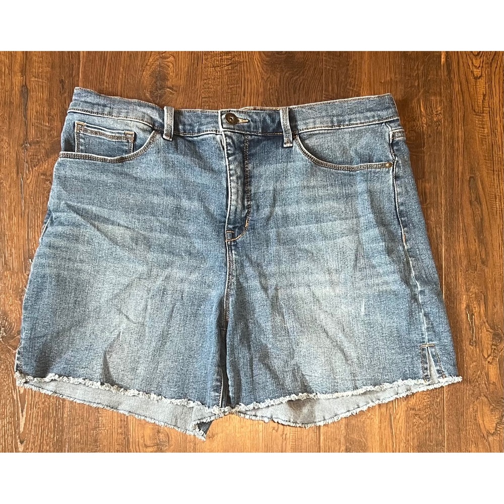 Jessica Simpson Womens Size 12 Denim Shorts Medium Wash Frayed Raw Hem Slit Blue